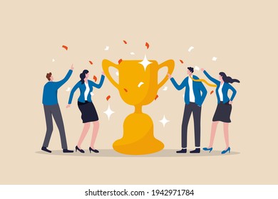 Team success recognition, reward for teamwork to achieve business goal, victory for coworkers to complete work mission concept, happiness success businessmen and women team holding winning trophy cup.