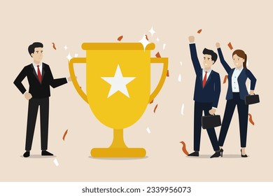 Team success, reward for teamwork achieve business goals, win for coworkers to complete work mission concept, businessman success happiness and women team holding win trophy.