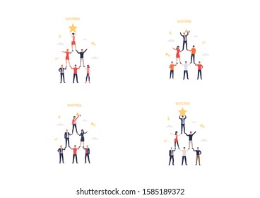 Team success set. Business people forming pyramid and holding prize. Flat vector illustrations. Business, teamwork, award concept for banner, website design or landing web page