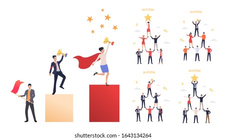 Team success set. Business people forming pyramid and holding prize. Flat vector illustrations. Business, teamwork, award concept for banner, website design or landing web page