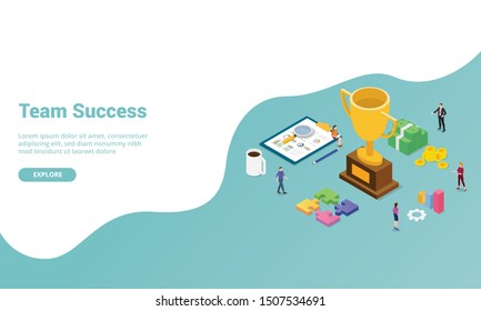team success or teamwork concept for website template or landing homepage with isometric modern style - vector