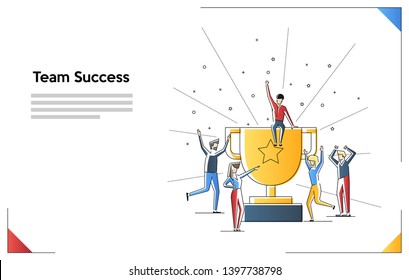 Team success. Teamwork. Together. Miniature people. Flat line art vector illustration isolated on white background.