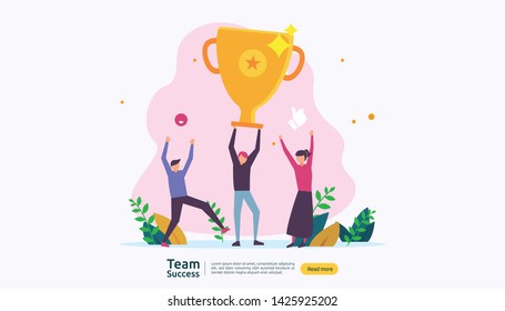 Team success with trophy cup. winning teamwork concept. Together achievement with people character for web landing page template, banner, presentation, social, poster, ad, promotion or print media