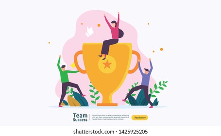 Team success with trophy cup. winning teamwork concept. Together achievement with people character for web landing page template, banner, presentation, social, poster, ad, promotion or print media