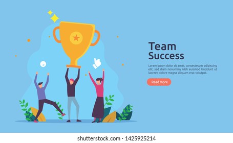 Team success with trophy cup. winning teamwork concept. Together achievement with people character for web landing page template, banner, presentation, social, poster, ad, promotion or print media