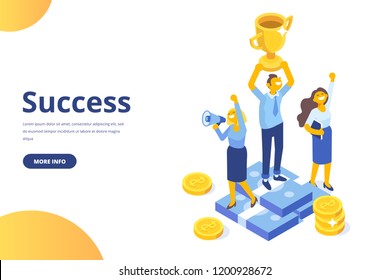 Team Success vector concept. Business people celebrating victory. Man holding gold cup. Flat Vector illustration. 