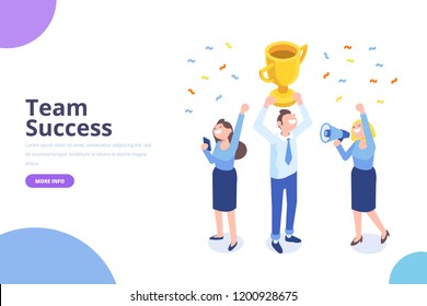 Team Success vector concept. Business people celebrating victory. Man holding gold cup. Flat Vector illustration. 