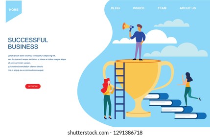 Team Success vector concept. Business people celebrating victory. Man holding gold cup. Flat Vector illustration. Achievement reward. Businessman and businesswoman happy in office - vector