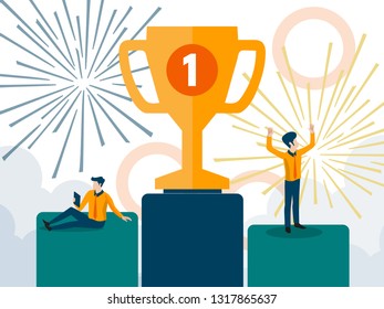 Team Success vector concept. business people make high hands when business success and trophy receive.