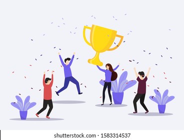 Team Success vector concept. Business people celebrating victory. Businessman holding gold cup. Flat Vector illustration. Businessman and businesswoman happy in office. vector, illustration