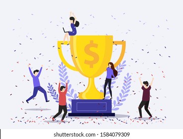 Team Success vector concept. Business people celebrating victory. Businessman holding gold cup. Flat Vector illustration. Businessman and businesswoman happy in office. vector, illustration