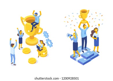 Team Success vector concept. Cartoon Business people holding gold cup. Flat Vector illustration isolated on white. 