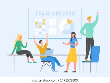Team Success vector concept illustration. Business leader people celebrating victory. Man and woman winning  achievement reward. Businessman and businesswoman happy in office. Victory prize