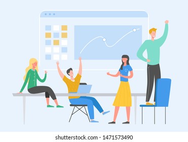 Team Success vector concept illustration. Business leader people celebrating victory. Man and woman winning  achievement reward. Businessman and businesswoman happy in office. Victory prize