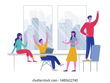 Team Success vector concept illustration. Business leader people celebrating victory. Man and woman winning  achievement reward. Businessman and businesswoman happy in office. Victory prize