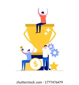 Team Success vector concept with people characters and trophy. Modern vector illustration in flat style for landing page, mobile app, poster, flyer, template, web banner, infographics, hero images.