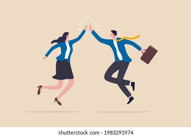 Team success winners, hi five or congratulation on business goal achievement, collaboration or encouragement concept, happy businessman and woman teamwork coworkers jumping and hi five clapping hands.