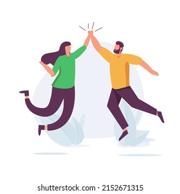 Team success winners, hi five or congratulation on business goal achievement, collaboration or encouragement concept, happy businessman and woman teamwork coworkers jumping and hi five clapping hands.