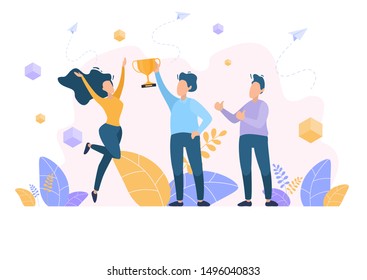 Team success. Winning Cup. Teamwork. Vector illustration