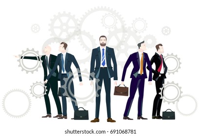 Team of successful business people and gears at the background representing progress, work and developing. Business, concept illustration