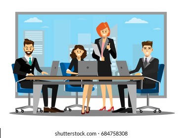 Team of successful business people having meeting in modern office, cartoon flat-style vector illustration.