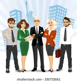team of successful businesspeople standing in front of New York City