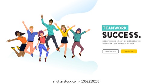 A team of successful jumping people. Positive concept vector illustration.