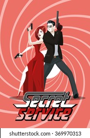 Team of super agents. Posing on camera. In gun barrel. Sexual woman in red dress. Illustration