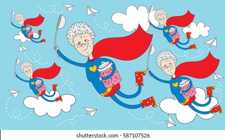 Team Super grandparents are flying in the clouds with a jar of jam