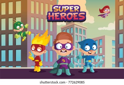 Team Of Super Hero Kids, Funny Boys And Girls Characters In Colorful Superhero Costumes Cartoon Vector Illustration On An Urban Background