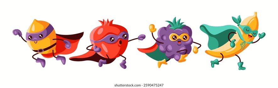 A team of superhero fruits including a lemon, pomegranate, grapes, and banana in masks and capes, running forward. A dynamic and playful illustration representing teamwork and energy.