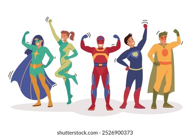 Team of superheroes raise hands in air, celebrating victory over villain thanks to collaboration. People in superheroes costumes are proud of achievements in destroying bandits and criminals