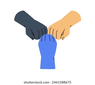 Team support concept. Group fist bump greeting. Three friends hands punch. Agreement, partnership, unity, solidarity and togetherness in teamwork. Flat vector illustration isolated on white background