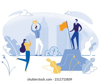 Team Support. Goal Achieve. Business Success, Victory. Businessman Holding Gold Trophy Cup Rejoice Win. Male Manager with Flag on Hill Top. Woman Colleague Applauding to Guys. Vector Illustration