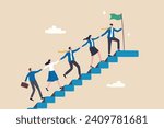 Team support help success, teamwork to progress and success together, company growth step or employee development, team achievement concept, business people team up holding hand help climb up stair.