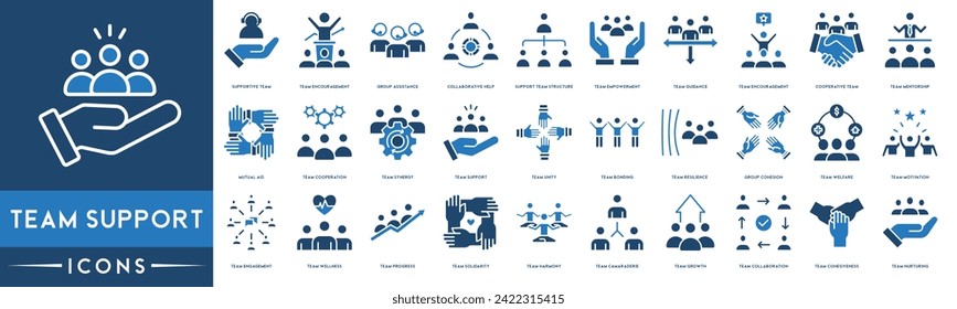 Team Support, Team Motivation, Team Engagement, Teamwork icon set. Included the icons as Job Team Wellness, Empowerment, Unity, Bonding, Resilience, Growth and Collaboration