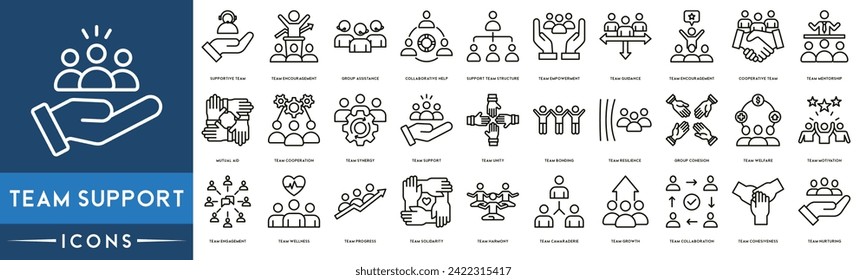 Team Support, Team Motivation, Team Engagement, Teamwork Symbol Set. Einschließlich der Symbole als Job Team Wellness, Empowerment, Einheit, Bonding, Resilienz, Wachstum und Zusammenarbeit