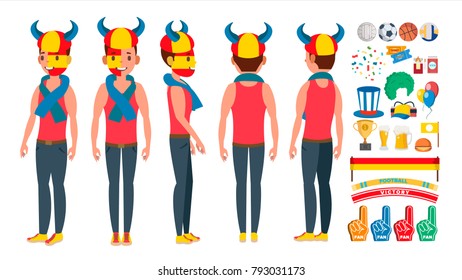 Team Supporter Man Vector. Young Man With Flags Snd Accessories Fans. Fan Rooter Buff. In Action. Isolated Flat Cartoon Character Illustration
