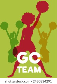 Team supporting banner or poster template with cheerleaders silhouettes, flat vector illustration. Motivating team supporting banner to boost team spirit and energy.