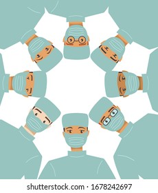 Team of surgeons look down at patient before surgery. Flat vector characters