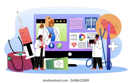 Equipe de cirurgiões. Homem e mulher de uniforme médico perto do bisturi. Ajuda em situações de emergência. Saúde e medicina. Profissionais no hospital. Ilustração de vetor plano