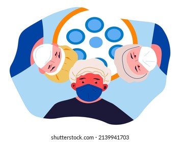 Team of surgeons operating or examining patient, people standing under lamp. Procedure and treatment, specialists in uniforms saving lives in hospital. Assistance in urgent case. Vector in flat