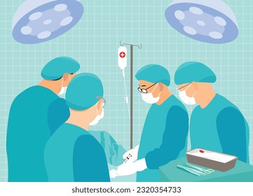 A team of surgeons and uniformed assistants perform the injections. in modern surgical hospitals, emergency rooms and modern medicine Illustration of a character wearing a mask.