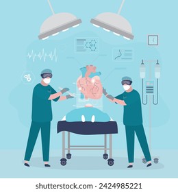Team of surgeons uses VR headsets. Doctor doing surgical operation of circulatory system with help of virtual reality. Cardiologist or medical worker operating heart with digital glasses. flat vector