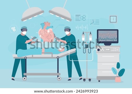 Team of surgeons uses VR headsets. Doctor doing surgical operation of circulatory system with help of virtual reality. Cardiologist or medical worker operating heart with digital glasses. flat vector