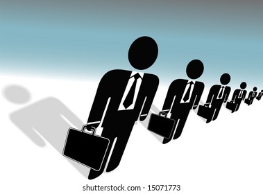 Team of symbol business people, row of suits, with briefcases, human resources ready to work for you.