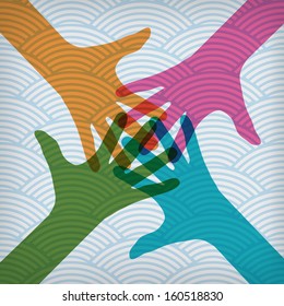 Team symbol. Happy colorful hands on the waved background 