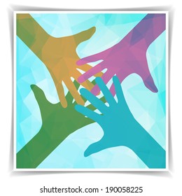 Team symbol. Happy colorful hands on the Abstract blue geometric background with triangular polygons