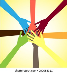 Team symbol. Multicolored hands 