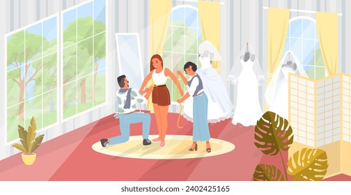 Team of tailor master taking measure of pretty bride for elegant wedding dress vector illustration. Process of sewing traditional garment for marriage in professional workshop atelier studio